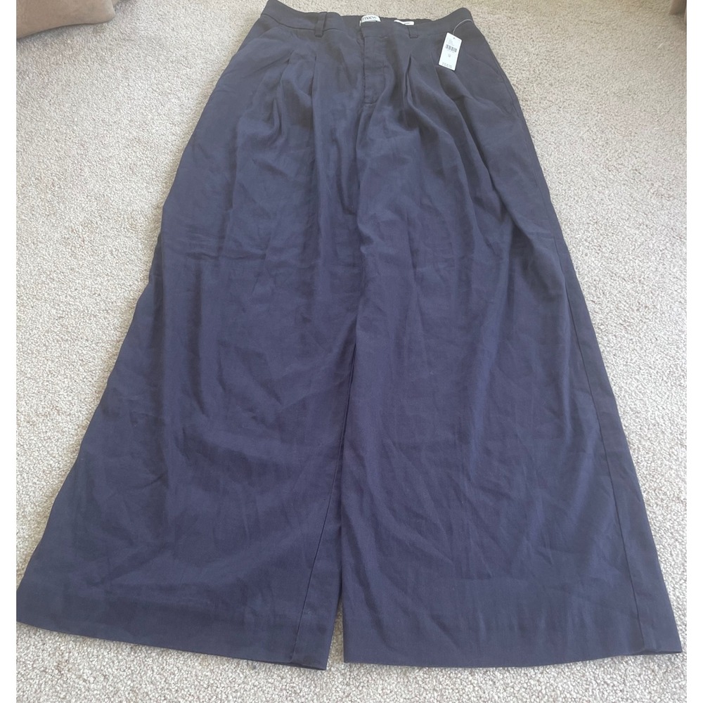 Maeve Anthropologie The Avery Pleated Wide Leg Linen Blend Pants Dark Navy M NWT